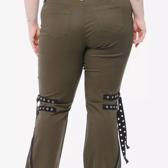 Hot Topic Olive Green Straight Leg Cargo Pants with Black Strap Details - Picture 2 of 4